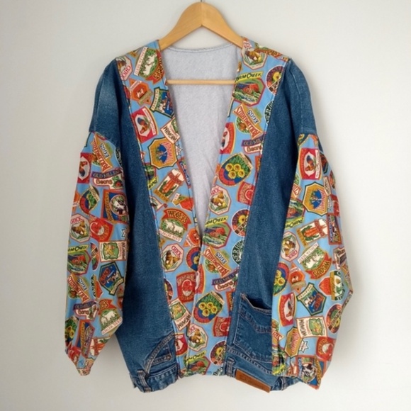 Upcycled denim open front quirky chore coat size large - Picture 1 of 4